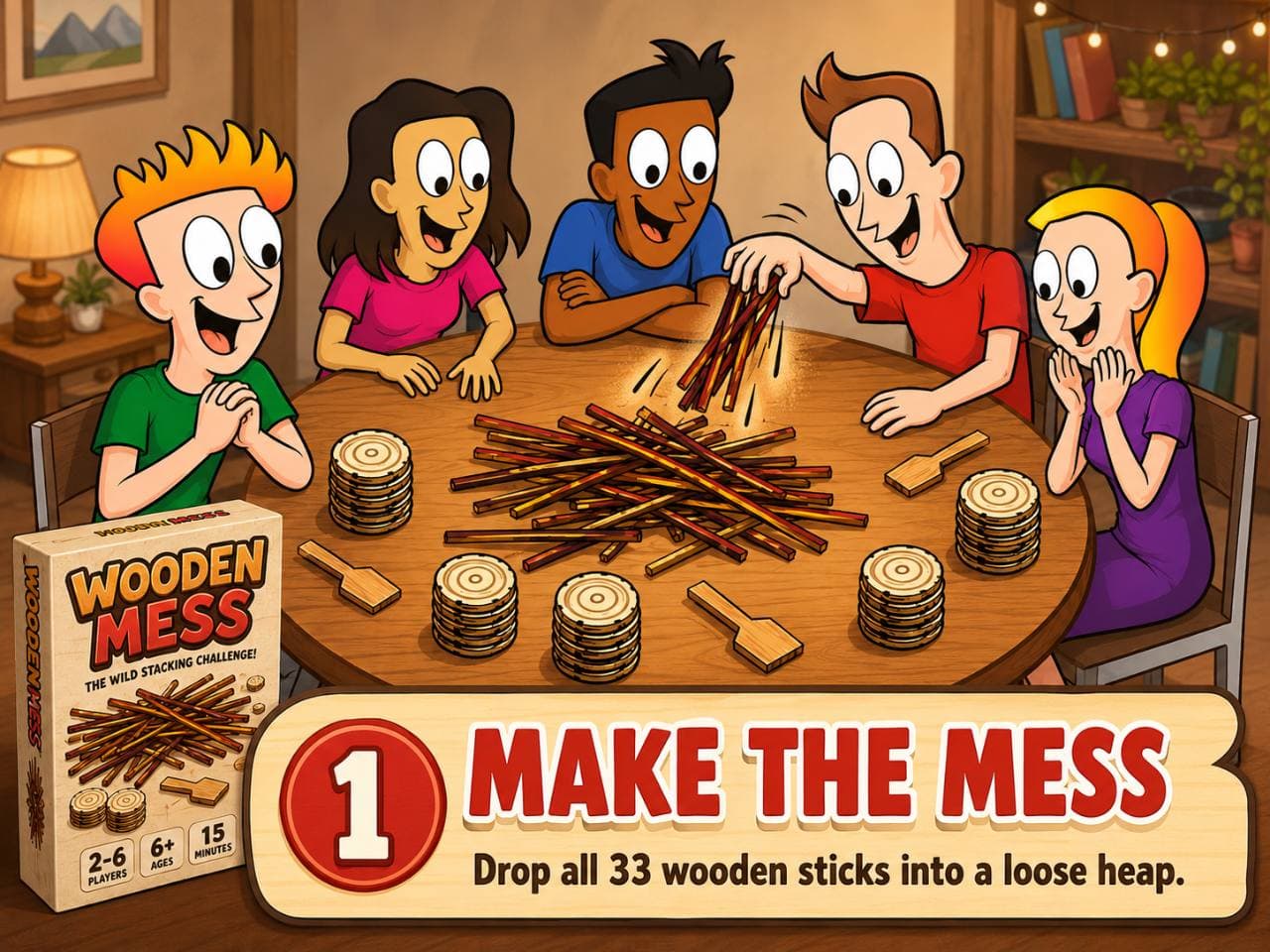Step 1: MAKE THE MESS. Drop all 33 wooden sticks into a loose heap.