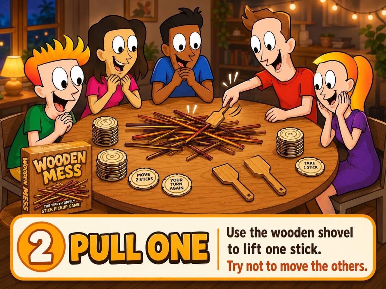 Step 2: PULL ONE. Use the wooden shovel to lift one stick. Try not to move the others.