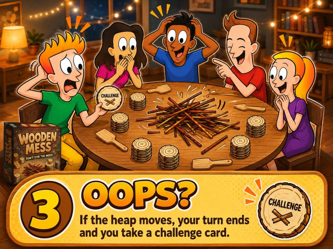 Step 3: OOPS?. If the heap moves, your turn ends and you take a challenge card.