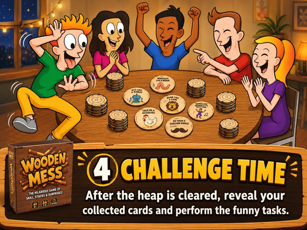 Step 4: CHALLENGE TIME. After the heap is cleared, reveal your collected cards and perform the funny tasks.