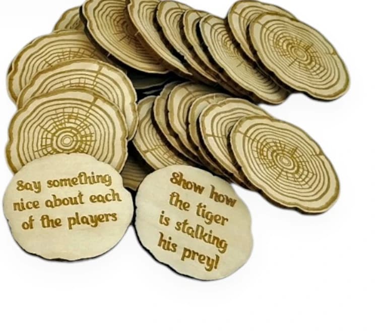 Wooden challenge cards used in the full Wooden Mess game