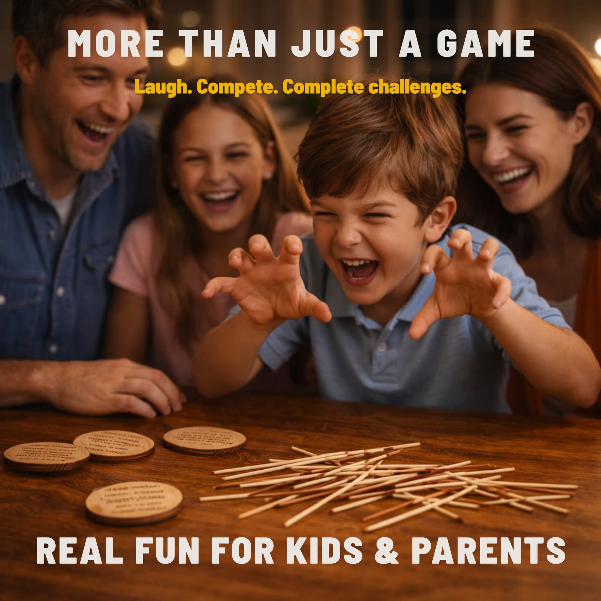 A child acting like a tiger while family members laugh together during Wooden Mess game night