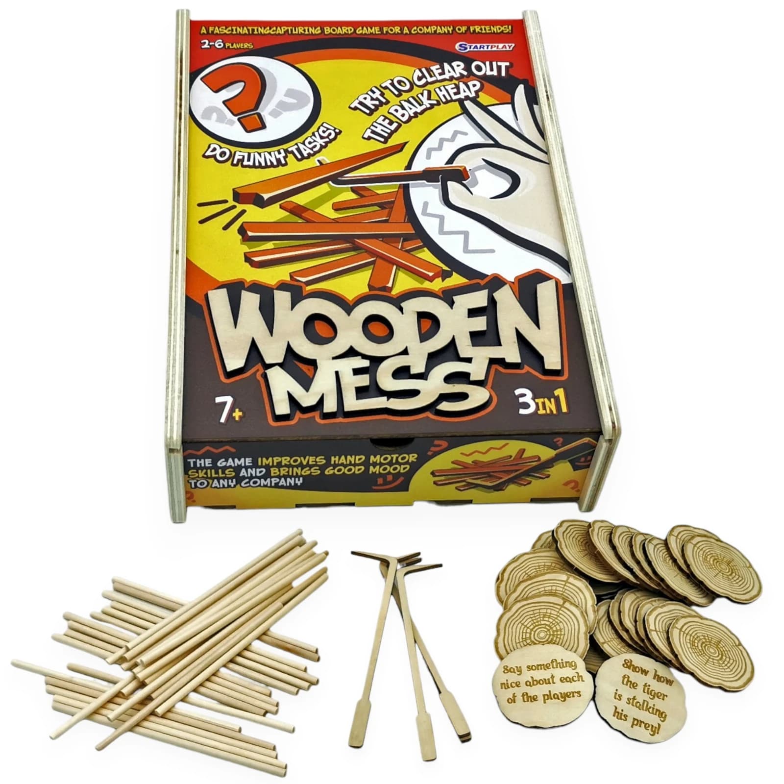 Complete Wooden Mess set with the game box, wooden sticks, shovels and challenge cards